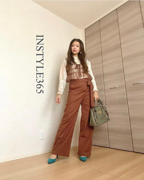 Instyle365  レディース 韓国風 ゆったり ファッション ハイウエスト ベルト付き リボン ユニーク デザイン ガウチョパンツ パンツ・ズボン