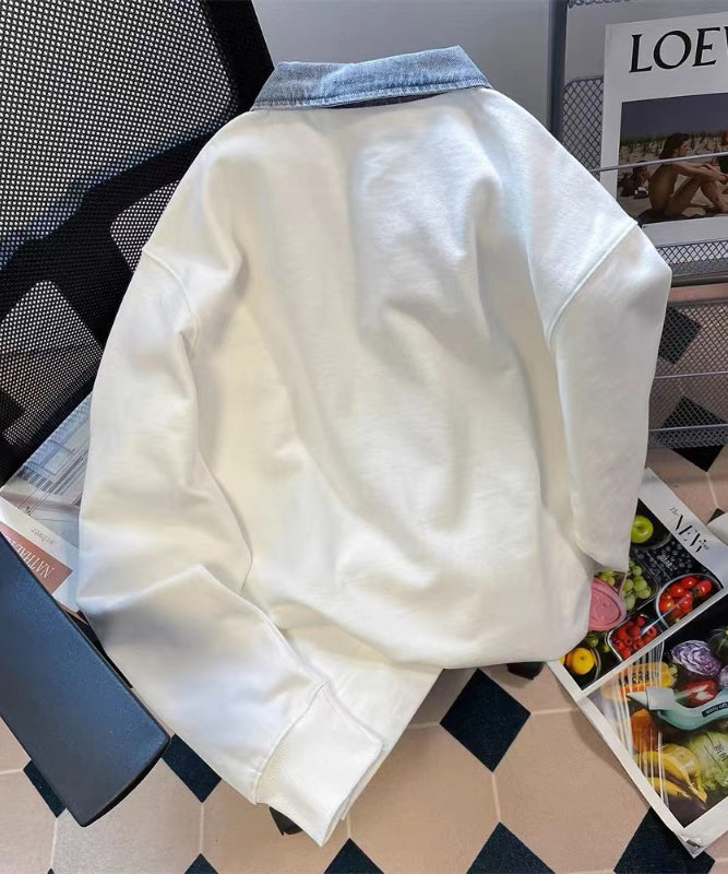 Instyle365☆シック デニムパッチワーク ゆったり ジッパー襟付きシャツ ファスナー パーカー