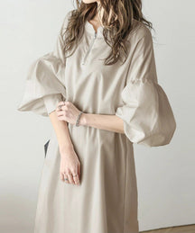 Instyle365 大人気 3色 ファッション ボリューム袖 ファスナー付き ポリエステル ワンピース