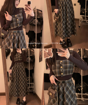 Instyle365【単品注文】秋冬用ファッション チェック柄 ベスト スカート ニット・セーター３点セット