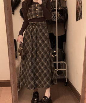 Instyle365【単品注文】秋冬用ファッション チェック柄 ベスト スカート ニット・セーター３点セット